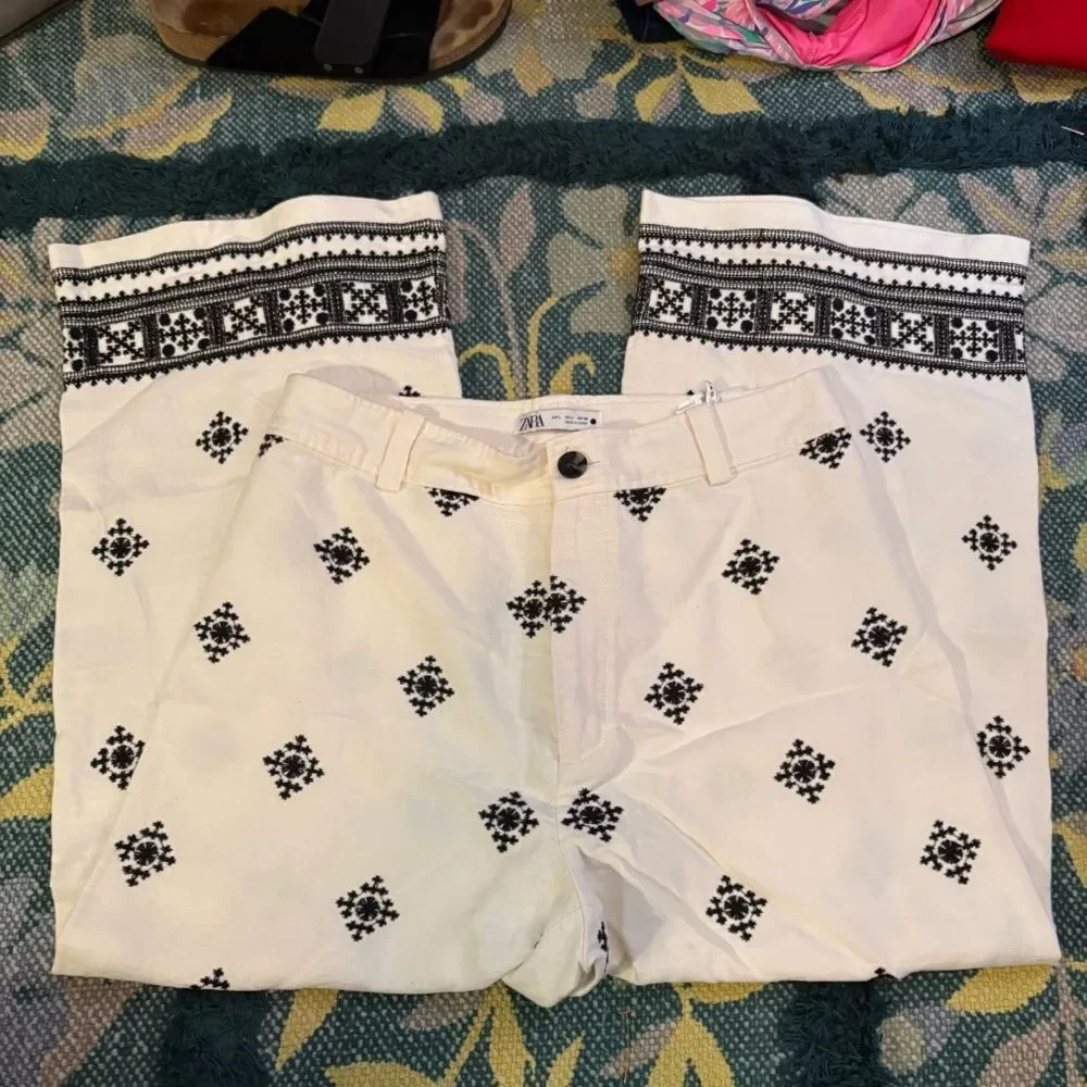 Zara embroidered linen white black wide leg high rise pant large